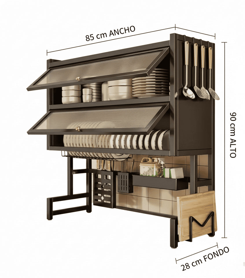 ORGANIZADOR Y ESCURRIDOR DE PLATOS DE 3 NIVELES CON DOBLE TAPA DE 85 CM