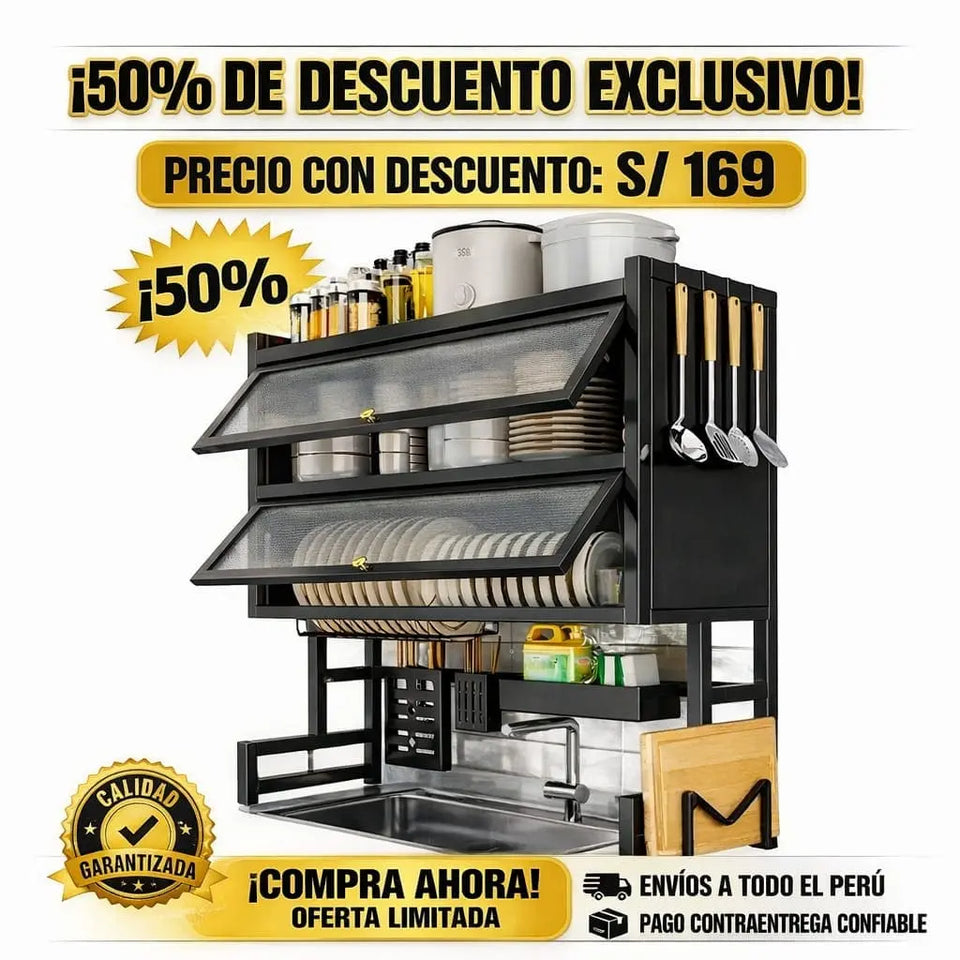 ORGANIZADOR Y ESCURRIDOR DE PLATOS DE 3 NIVELES CON DOBLE TAPA DE 85 CM